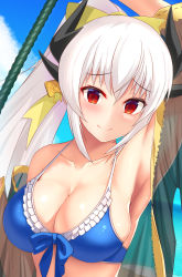 Rule 34 | 1girl, arm up, armpits, bare shoulders, bikini, blue bikini, blue bow, bow, breasts, cleavage, closed mouth, collarbone, fate/grand order, fate (series), frilled bikini, frilled bikini top, frills, front-tie bikini top, front-tie top, hair bow, highres, horns, kiyohime (fate), kiyohime (swimsuit lancer) (third ascension) (fate), long hair, long sleeves, looking at viewer, medium breasts, nekoda (maoda), ocean, off shoulder, ponytail, red eyes, revision, see-through, sidelocks, silver hair, solo, staff, swimsuit, tareme, upper body, very long hair, yellow bow
