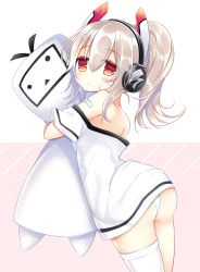Rule 34 | 1girl, ass, ayanami (azur lane), ayanami (niconico) (azur lane), azur lane, bad id, bad pixiv id, bare shoulders, blush, brown hair, closed mouth, commentary request, hair between eyes, headgear, headphones, high ponytail, hugging object, long hair, looking at viewer, looking to the side, off-shoulder shirt, off shoulder, panties, ponytail, red eyes, shikito (yawa0w0), shirt, short sleeves, single thighhigh, solo, thighhighs, underwear, white panties, white shirt, white thighhighs