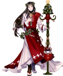 Rule 34 | 1boy, black hair, christmas present, fire emblem, fire emblem: path of radiance, fire emblem heroes, full body, gift, green eyes, hand on own chest, highres, holding, holding staff, long hair, low-tied long hair, male focus, mistletoe, mistletoe hair ornament, nintendo, non-web source, official art, pikomaro, sandals, sephiran (fire emblem), sephiran (winter) (fire emblem), staff, standing, transparent background, tunic