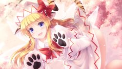 Rule 34 | 1girl, :d, animal ears, animal hands, blonde hair, blue eyes, bow, bowtie, capelet, commentary request, gloves, hat, hat bow, highres, lily white, long hair, long sleeves, looking at viewer, lzh, open mouth, panties, paw gloves, red bow, red bowtie, smile, solo, tail, tiger ears, tiger tail, touhou, underwear, white capelet, white hat, white panties, wide sleeves