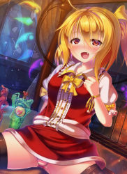 Rule 34 | 1girl, asymmetrical hair, asymmetrical wings, bad id, bad pixiv id, bioshock, bioshock (series), bioshock infinite, black thighhighs, blonde hair, blush, bottle, breasts, crystal, dragoner, fang, flandre scarlet, highres, medium breasts, miniskirt, no headwear, open mouth, panties, pantyshot, puffy short sleeves, puffy sleeves, red eyes, revision available, ribbon, short hair, short sleeves, side ponytail, skirt, smile, solo, striped clothes, striped panties, thighhighs, touhou, underwear, upskirt, vest, wings