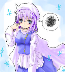 Rule 34 | 1girl, blue eyes, blush, eyebrows, female focus, hat, letty whiterock, long sleeves, looking at viewer, lowres, purple hair, scarf, short hair, simple background, solo, spoken squiggle, squiggle, touhou