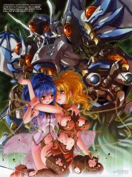 Rule 34 | 2girls, absurdres, alfimi, banpresto, blonde hair, blue eyes, blue hair, breasts, covered erect nipples, dissolving clothes, excellen browning, flat chest, highres, large breasts, long hair, mecha, mercy rabbit, midriff, multiple girls, ponytail, red eyes, rein weissritter, robot, super robot wars, thighhighs, weissritter, yuri