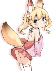 Rule 34 | 1girl, animal ear fluff, animal ears, ass, bare back, bent over, blonde hair, blue eyes, blush, bow, clothes lift, clothing cutout, detached sleeves, dot nose, fox ears, fox tail, from behind, hair bobbles, hair ornament, hairclip, kemomimi oukoku kokuei housou, looking back, mikoko (kemomimi oukoku kokuei housou), natsu no koucha, no panties, ribbon-trimmed legwear, ribbon trim, skirt, skirt lift, solo, tail, tail through clothes, thighhighs, twintails, virtual youtuber, wide sleeves