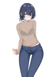 Rule 34 | 1girl, alternate costume, arm behind back, arm support, black camisole, blue hair, brown shirt, camisole, dark blue hair, denim, feet out of frame, hair bun, highres, idolmaster, idolmaster shiny colors, jeans, jokarara, long sleeves, looking at viewer, morino rinze, pants, red eyes, see-through, see-through shirt, shirt, simple background, single hair bun, solo, white background, white mask