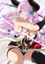 Rule 34 | 1girl, asymmetrical gloves, bare shoulders, black dress, black footwear, black gloves, black panties, black thighhighs, blue eyes, braid, breasts, cleavage, draph, dress, elbow gloves, gloves, granblue fantasy, hair ornament, hair over one eye, hews, highres, horns, katana, large breasts, light purple hair, long hair, low tied hair, narmaya (granblue fantasy), open clothes, open mouth, open vest, panties, pointy ears, sheath, short dress, single braid, single thighhigh, solo, sword, thigh strap, thighhighs, thighs, underwear, uneven gloves, vest, weapon, white vest