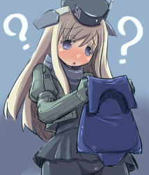 Rule 34 | 10s, 1girl, ?, black dress, black pantyhose, blonde hair, blue eyes, blush, chestnut mouth, dress, garrison cap, hat, holding, holding clothes, holding swimsuit, kantai collection, long hair, long sleeves, military, military uniform, one-piece swimsuit, open mouth, pantyhose, puffy long sleeves, puffy sleeves, purple eyes, school swimsuit, short dress, solo, swimsuit, u-511 (kancolle), u-non (annon&#039;an), uniform, unworn swimsuit