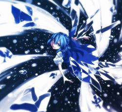 Rule 34 | &gt;:d, 1girl, :d, blue bow, blue dress, blue eyes, blue hair, bow, cirno, dress, hair between eyes, hair bow, hinomoto madoka, ice, ice wings, looking at viewer, open mouth, outstretched arms, puffy short sleeves, puffy sleeves, short hair, short sleeves, smile, solo, spread arms, touhou, v-shaped eyebrows, wings, wristband