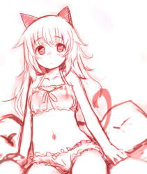 Rule 34 | 1girl, :c, animal ears, blush, bra, cat ears, cat tail, cinderella bust, collarbone, frown, helma lennartz, izuoku, long hair, looking at viewer, navel, panties, pillow, red theme, ribbon, simple background, sitting, sketch, solo, strike witches, strike witches: suomus misfits squadron, tail, tareme, underwear, underwear only, white background, world witches series