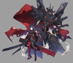 Rule 34 | 1girl, absurdres, ananke 7, armor, asymmetrical clothes, black footwear, blue hair, breastplate, cape, full body, gloves, grey thighhighs, gun, highres, huge weapon, long hair, looking at viewer, mecha, original, parted bangs, puffy sleeves, red cape, red gloves, red ribbon, red thighhighs, ribbon, robot, sidelocks, standing, steam, sword, thighhighs, weapon, yellow eyes
