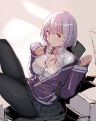 Rule 34 | 10s, 1girl, black pantyhose, black skirt, bow (bhp), breasts, chair, cleavage, closed mouth, collared shirt, commentary, dress shirt, feet out of frame, gridman universe, hands up, jacket, knees up, large breasts, leaning back, light purple hair, long sleeves, miniskirt, off shoulder, open clothes, open jacket, pantyhose, partially unzipped, purple jacket, red eyes, school uniform, shinjou akane, shirt, short hair, sitting, sketch, skirt, sleeves past wrists, smile, solo, ssss.gridman, track jacket, wing collar