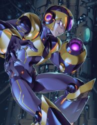 Rule 34 | 1boy, android, arm cannon, armor, commentary, english commentary, facepaint, fujino yuuki, helmet, highres, looking away, machinery, makeup, male focus, mega man (series), mega man x (series), mega man x dive, neon trim, open mouth, parted lips, red eyes, smile, solo, teeth, weapon, x-kai (mega man), yellow armor