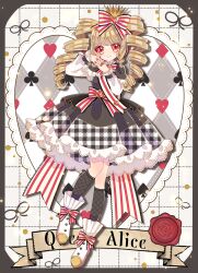 Rule 34 | 1girl, absurdres, alice in wonderland, black dress, blonde hair, bow, character name, commentary, crown, dress, drill hair, english commentary, english text, frilled dress, frills, full body, gem, gothic lolita, hair bow, heart, highres, hiyoko miya, lace, lolita fashion, long hair, long sleeves, looking at viewer, nail polish, original, red eyes, sash, shoes, smile, socks, solo, standing, twin drills, twintails