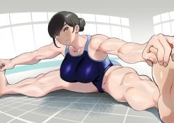 Rule 34 | 1girl, barefoot, black eyes, black hair, blue one-piece swimsuit, blush, breasts, competition swimsuit, covered erect nipples, foreshortening, hair bun, ichiren takushou, looking at viewer, muscular, muscular female, one-piece swimsuit, original, poolside, single hair bun, smile, solo, spread legs, swimsuit