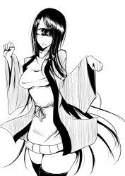 Rule 34 | 1girl, black hair, black thighhighs, breasts, cyclops, dress, greyscale, hair ornament, hairclip, highres, long hair, looking at viewer, monochrome, one-eyed, open mouth, original, sangyou haikibutsu (turnamoonright), simple background, sketch, solo, sweater, sweater dress, thighhighs, very long hair, white background, wide sleeves