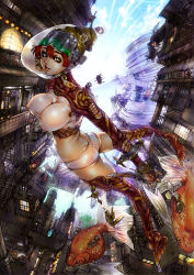 Rule 34 | 1girl, armor, ass, breasts, earrings, fish, flying, goldfish, helmet, impossible clothes, jewelry, original, panties, red hair, see-through, solo, stairs, sumita kazuasa, underwear, water, yellow eyes