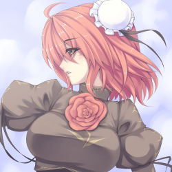 Rule 34 | 1girl, ahoge, bad anatomy, blush, breasts, bun cover, chinese clothes, double bun, expressionless, female focus, flower, ibaraki kasen, large breasts, pink flower, pink hair, pink rose, profile, red eyes, rose, short hair, solo, touhou, tro