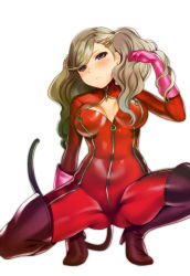 Rule 34 | 10s, 1girl, blonde hair, blue eyes, blush, bodysuit, boots, breasts, cat tail, cleavage, cleavage cutout, clothing cutout, gloves, gluteal fold, hair ornament, hairclip, high heel boots, high heels, persona, persona 5, red bodysuit, seiru (prairie), shiny clothes, simple background, skin tight, solo, spread legs, tail, takamaki anne, thigh boots, thighhighs, tiptoes, twintails, zipper