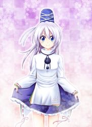 Rule 34 | 1girl, blue eyes, blue skirt, checkered background, clothes lift, curtsey, hat, highres, japanese clothes, kariginu, long hair, mononobe no futo, ponytail, reimei (r758120518), skirt, skirt lift, solo, tate eboshi, touhou, white hair, wide sleeves