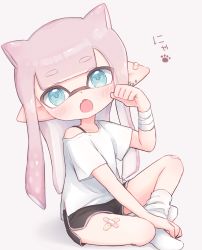 Rule 34 | 1girl, animal ears, bandaged arm, bandages, bandaid, bandaid on knee, bandaid on leg, black shorts, blue eyes, blunt bangs, blunt ends, bra strap, cat ears, commentary, dolphin shorts, earclip, earrings, fang, full body, grey background, head tilt, highres, indian style, inkling, inkling girl, inkling player character, jewelry, kemonomimi mode, long hair, looking at viewer, mask, nintendo, open mouth, paw pose, paw print, pioxpioo, pointy ears, shirt, short shorts, short sleeves, shorts, silver hair, simple background, sitting, skin fang, socks, solo, t-shirt, tentacle hair, translated, white shirt, white socks