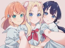 3girls :3 :o aqua_eyes blonde_hair blue_dress blue_eyes blue_hair blue_ribbon blush brown_background closed_mouth commentary crossed_bangs dark_blue_hair dress flower girl_sandwich gradient_hair group_hug hair_flower hair_ornament hair_ribbon hand_on_another&#039;s_arm hasu_no_sora_school_uniform highres hinoshita_kaho hug kyaku_tasu light_blue_hair link!_like!_love_live! long_hair looking_at_viewer love_live! low_twintails medium_hair mole mole_on_neck multicolored_hair multiple_girls murano_sayaka neckerchief open_mouth orange_hair osawa_rurino parted_bangs pink_flower puffy_short_sleeves puffy_sleeves rabbit_hair_ornament red_neckerchief ribbon sailor_collar sailor_dress sandwiched school_uniform selfie short_sleeves smile split_mouth summer_uniform twintails two_side_up upper_body virtual_youtuber white_sailor_collar