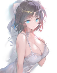 Rule 34 | 1girl, blue eyes, breasts, cleavage, dress, grey hair, hair ribbon, hand on own chest, lace, lace trim, large breasts, looking at viewer, ribbon, senran kagura, short hair, sundress, teeth, white background, white dress, yaegashi nan, yumi (senran kagura)