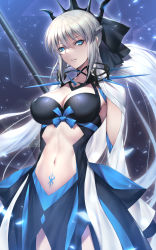 Rule 34 | 1girl, absurdres, ahoge, black bow, black dress, blue eyes, bow, braid, breasts, center opening, cleavage, dress, fate/grand order, fate (series), grey hair, hair bow, half up braid, highres, large breasts, long hair, long sleeves, looking at viewer, morgan le fay (fate), nasaniliu, pelvic curtain, polearm, ponytail, pubic tattoo, sidelocks, solo, spear, stomach tattoo, tattoo, thighs, tiara, two-tone dress, very long hair, weapon, white dress, wide sleeves
