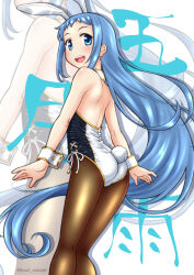 Rule 34 | 1girl, alternate costume, animal ears, blue eyes, blue hair, brown pantyhose, detached collar, feet out of frame, from behind, highres, kantai collection, leotard, long hair, looking at viewer, looking back, open mouth, pantyhose, playboy bunny, rabbit ears, rabbit tail, samidare (kancolle), satsuki inari, side-tie leotard, solo, tail, teeth, two-tone leotard, upper teeth only, very long hair, wrist cuffs