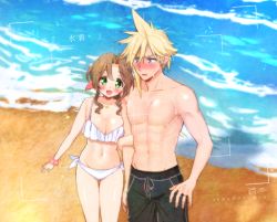 Rule 34 | 1boy, 1girl, 2020, :d, aerith gainsborough, arm grab, bad id, bad pixiv id, bare arms, bare legs, beach, bikini, black male swimwear, black swim trunks, blonde hair, blue eyes, blush, bow, breasts, brown hair, cleavage, cloud strife, collarbone, couple, cowboy shot, dated, earrings, embarrassed, final fantasy, final fantasy vii, green eyes, groin, hair bow, hair intakes, hetero, jewelry, krudears, large breasts, lens flare, looking at another, looking at viewer, lowleg, lowleg bikini, male swimwear, navel, necklace, ocean, open mouth, outdoors, pink bow, pink scrunchie, ring, scrunchie, side-tie bikini bottom, signature, smile, spiked hair, standing, star (symbol), star necklace, summer, sweatdrop, swim trunks, swimsuit, wedding ring, white bikini, wrist scrunchie