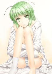 Rule 34 | 1girl, antennae, blouse, blue panties, female focus, green eyes, green hair, hugging own legs, long sleeves, looking at viewer, matching hair/eyes, naked shirt, off shoulder, open clothes, open mouth, open shirt, panties, shirt, single bare shoulder, single sock, sitting, socks, solo, striped clothes, striped panties, touhou, underwear, white shirt, white socks, wriggle nightbug, y2