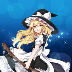 Rule 34 | 1girl, akimatsu, apron, blonde hair, blue background, braid, broom, broom riding, frilled skirt, frills, hair ribbon, hat, hat ribbon, highres, kirisame marisa, lens flare, long hair, looking at viewer, open mouth, puffy short sleeves, puffy sleeves, ribbon, short sleeves, single braid, skirt, skirt set, solo, star (symbol), starry background, touhou, tress ribbon, waist apron, witch hat, yellow eyes