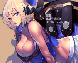 Rule 34 | 10s, 1girl, alternate hair color, bare shoulders, beret, blonde hair, blue eyes, breasts, cafe au lait (kafeore), character name, cleavage, hair ornament, hat, kantai collection, large breasts, maya (kancolle), military, military uniform, open mouth, pleated skirt, short hair, skirt, sleeveless, solo, uniform, white skirt, x hair ornament