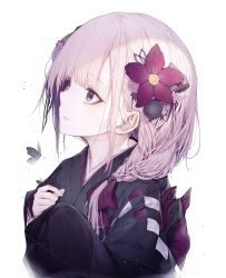 Rule 34 | 1girl, absurdres, black butterfly, black kimono, blunt bangs, bug, butterfly, commentary request, flower, hair flower, hair ornament, hair ribbon, highres, hito komoru, insect, japanese clothes, kimono, long hair, long sleeves, looking away, original, parted lips, pink hair, purple eyes, red flower, ribbon, simple background, solo, upper body, white background