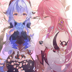 Rule 34 | 2girls, animal ears, black bodysuit, black gloves, blue hair, blush, bodysuit, breasts, cherry blossoms, closed eyes, commission, cup, detached sleeves, earrings, floral print, fox ears, ganyu (genshin impact), genshin impact, gloves, hair between eyes, heart, heart-shaped pupils, highres, holding, holding cup, japanese clothes, jewelry, long hair, medium breasts, miko, multiple girls, petals, petals on liquid, pink hair, pixiv commission, sitting, sweat, symbol-shaped pupils, yae miko, yamabuki (yamabuki xxxxx)