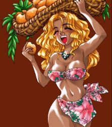 Rule 34 | bikini, blonde hair, breasts, cleavage, dark skin, food, fruit, lowres, swimsuit, tan, tropical