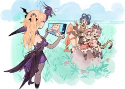 Rule 34 | ..., 4girls, ?, ahoge, animal ear fluff, animal ears, backpack, bag, bare shoulders, bell, bird, black hair, blonde hair, cat ears, cat tail, commentary, confused, crossed bandaids, crow, diona (genshin impact), double v, english commentary, fischl (genshin impact), flower, genshin impact, grass, hair rings, hat, highres, holding, klee (genshin impact), long hair, looking at another, multiple girls, open mouth, oz (genshin impact), patreon username, pink hair, pointy ears, red eyes, rock, short hair, sitting, snegovski, spoken ellipsis, tail, twitter username, two side up, v, xiangling (genshin impact)