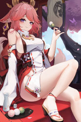 Rule 34 | 1girl, absurdres, bare shoulders, berserker r, blue sky, blush, breasts, cherry blossoms, closed mouth, cloud, dango, day, detached sleeves, eyelashes, food, genshin impact, hair ornament, high heels, highres, holding, holding food, japanese clothes, knee up, light smile, long hair, long sleeves, looking at viewer, miko, no bra, no panties, obi, petals, pink hair, purple eyes, revealing clothes, sash, sideboob, sitting, sky, sleeves past fingers, sleeves past wrists, solo, thighs, tokkuri, tree, wagashi, wide sleeves, yae miko