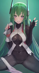 Rule 34 | 1girl, black bodysuit, black gloves, blush, bodysuit, breasts, commentary request, covered navel, fingerless gloves, gloves, green hair, headgear, highres, holding, long hair, looking at viewer, medium breasts, menou kaname (taishi), original, parted lips, purple eyes, shorts, shorts around one leg, sidelocks, sitting, skin tight, smile, solo, spread legs, straight hair, taishi (picchiridou), very long hair, white shorts