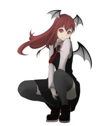 Rule 34 | 1girl, absurdres, bat wings, black thighhighs, collared shirt, commentary request, danboru (jdanboru1182), dress shirt, full body, head wings, highres, koakuma, loafers, long hair, looking at viewer, low wings, necktie, red eyes, red hair, red necktie, shirt, shoes, skirt, skirt set, smile, solo, squatting, thighhighs, touhou, v arms, vest, white shirt, wings, zettai ryouiki