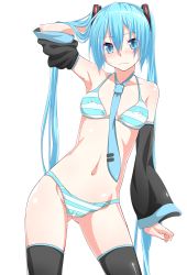 Rule 34 | aqua eyes, aqua hair, bikini, blush, cameltoe, covered erect nipples, detached sleeves, hatsune miku, highres, jack dempa, looking at viewer, necktie, striped bikini, striped clothes, swimsuit, thighhighs, twintails, vocaloid