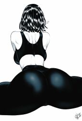 Rule 34 | 1girl, absurdres, ass, ass focus, backboob, bare shoulders, breasts, commentary, english commentary, facing away, from behind, fubuki (one-punch man), heart, highres, large breasts, median furrow, midriff, monochrome, mostlybluewyatt, one-punch man, pants, short hair, shoulder blades, signature, simple background, solo, split, sports bra, spread legs, wide spread legs, yoga pants