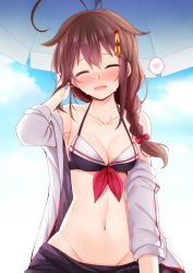 Rule 34 | 1girl, :d, ^ ^, adjusting hair, ahoge, alternate costume, bare shoulders, bikini, black bikini, blue eyes, blush, braid, braided ponytail, breasts, brown hair, cleavage, closed eyes, cloud, collarbone, day, facing viewer, groin, hair between eyes, hair flaps, hair ornament, hair over shoulder, hair ribbon, heart, jacket, kantai collection, long hair, medium breasts, navel, off shoulder, open clothes, open jacket, open mouth, outdoors, revision, ribbon, rui shi (rayze ray), shigure (kancolle), shigure kai ni (kancolle), sidelocks, single braid, smile, solo, spoken heart, stomach, straddling, swimsuit, two-tone bikini, wet, white bikini