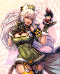 Rule 34 | 1girl, armband, black bow, blush, bow, breasts, character doll, cleavage, covered navel, crotch plate, destiny child, garter straps, gloves, green hat, green leotard, hands up, hat, highres, horns, large breasts, leotard, long hair, looking at viewer, mona (destiny child), sasaki ryou, thighhighs, thighs, very long hair, white hair