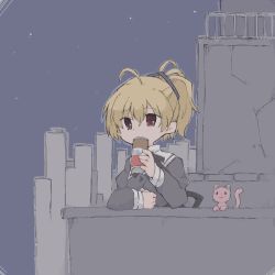 Rule 34 | 1girl, :3, ahoge, andou tazusa, animal, assault lily, black ribbon, blonde hair, brown eyes, building, can, canned coffee, cat, commentary request, covered mouth, cropped jacket, drink can, drinking, hair between eyes, hair ribbon, hands up, highres, holding, holding can, juliet sleeves, light blush, long sleeves, looking away, neck ribbon, night, night sky, outdoors, ponytail, puffy sleeves, ribbon, rooftop, school uniform, short hair, sky, skyscraper, solo, toyo (sameden46), yurigaoka girls academy school uniform