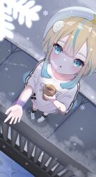 Rule 34 | 1girl, absurdres, bandaid, bandaid on leg, black socks, blonde hair, blue eyes, blue hair, bracelet, collarbone, commentary, english commentary, highres, jelee-chan, jellyfish hair ornament, jewelry, kuxna art, looking at viewer, low twintails, multicolored hair, open mouth, shirt, sidelocks, snow, socks, solo, streaked hair, twintails, twitter username, white footwear, white shirt, yoru no kurage wa oyogenai