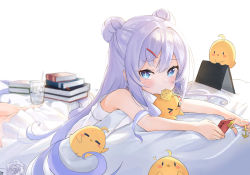 Rule 34 | + +, 1girl, absurdres, azur lane, bare shoulders, blue eyes, blush, book, cellphone, cookie, cracker, double bun, dress, closed eyes, food, glass, hair between eyes, hair ornament, hairclip, highres, le malin (azur lane), long hair, looking at viewer, manjuu (azur lane), mint (psmin30), mouth hold, phone, sidelocks, silver hair, simple background, sitting, sleeping, smartphone, symbol-shaped pupils, very long hair, white background, white dress