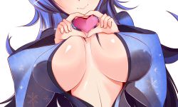 Rule 34 | 1girl, blue hair, breasts, female focus, heart, highres, large breasts, long hair, nana (mogs1225), no bra, simple background, solo, upper body, white background