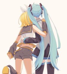 Rule 34 | 2girls, aqua hair, bare shoulders, black skirt, black sleeves, black thighhighs, blonde hair, bow, commentary, crop top, detached sleeves, feet out of frame, from behind, grey sailor collar, grey shirt, grey shorts, grey sleeves, hair bow, hair ornament, hand on another&#039;s back, hand on another&#039;s shoulder, hatsune miku, headphones, heads together, highres, kagamine rin, leg up, leg warmers, long hair, m0ti, miniskirt, multiple girls, pleated skirt, sailor collar, school uniform, shirt, short hair, short shorts, shorts, skirt, sleeveless, sleeveless shirt, thighhighs, twintails, twitter username, very long hair, vocaloid, white bow, white shirt, zettai ryouiki