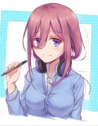 Rule 34 | 1girl, blue cardigan, blue eyes, blush, breasts, brown hair, cardigan, commentary request, face, go-toubun no hanayome, hair between eyes, headphones, headphones around neck, holding, holding pen, large breasts, long hair, long sleeves, looking at viewer, nakano miku, pen, shirt, solo, white shirt, xjx