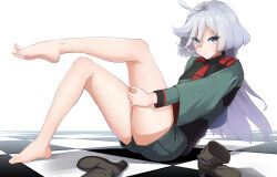Rule 34 | 1girl, absurdres, ahoge, arm support, asticassia school uniform, barefoot, blue eyes, boots, brown footwear, checkered floor, feet, grabbing own thigh, green jacket, green shorts, grey hair, gundam, gundam suisei no majo, hair between eyes, high heel boots, high heels, highres, jacket, legs, light frown, long hair, long sleeves, looking at viewer, miorine rembran, no shoes, sanso (oxygen), school uniform, shorts, shoulder boards, soles, solo, toes, unworn boots, white background